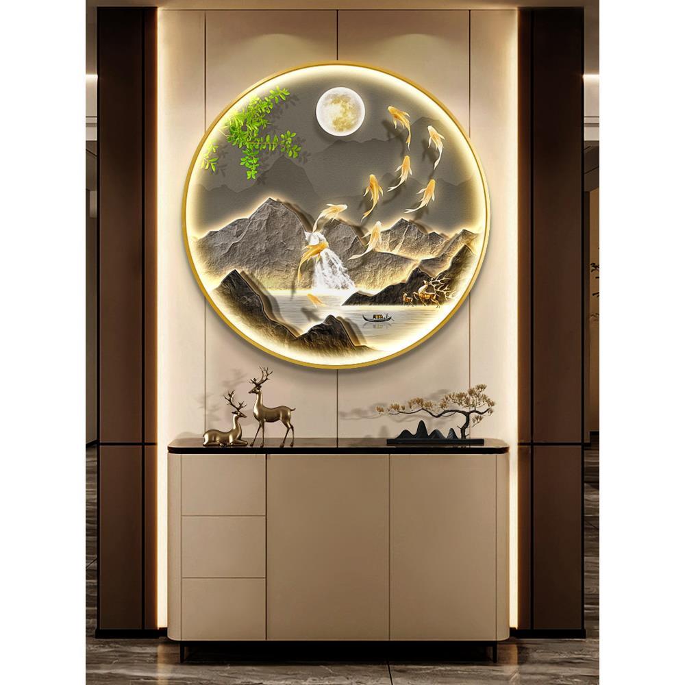 现代轻奢九鱼福鹿玄关装饰画圆形金山灯光画山水走廊过道墙壁挂画图片