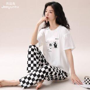 短袖 休闲可出门两件套装 睡衣女夏纯棉薄款 长裤 白色家居服 夏季 女款