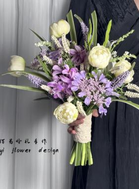 紫色接亲手捧花韩系订婚花束结婚彷真花ins实拍闺蜜礼物hot手感花