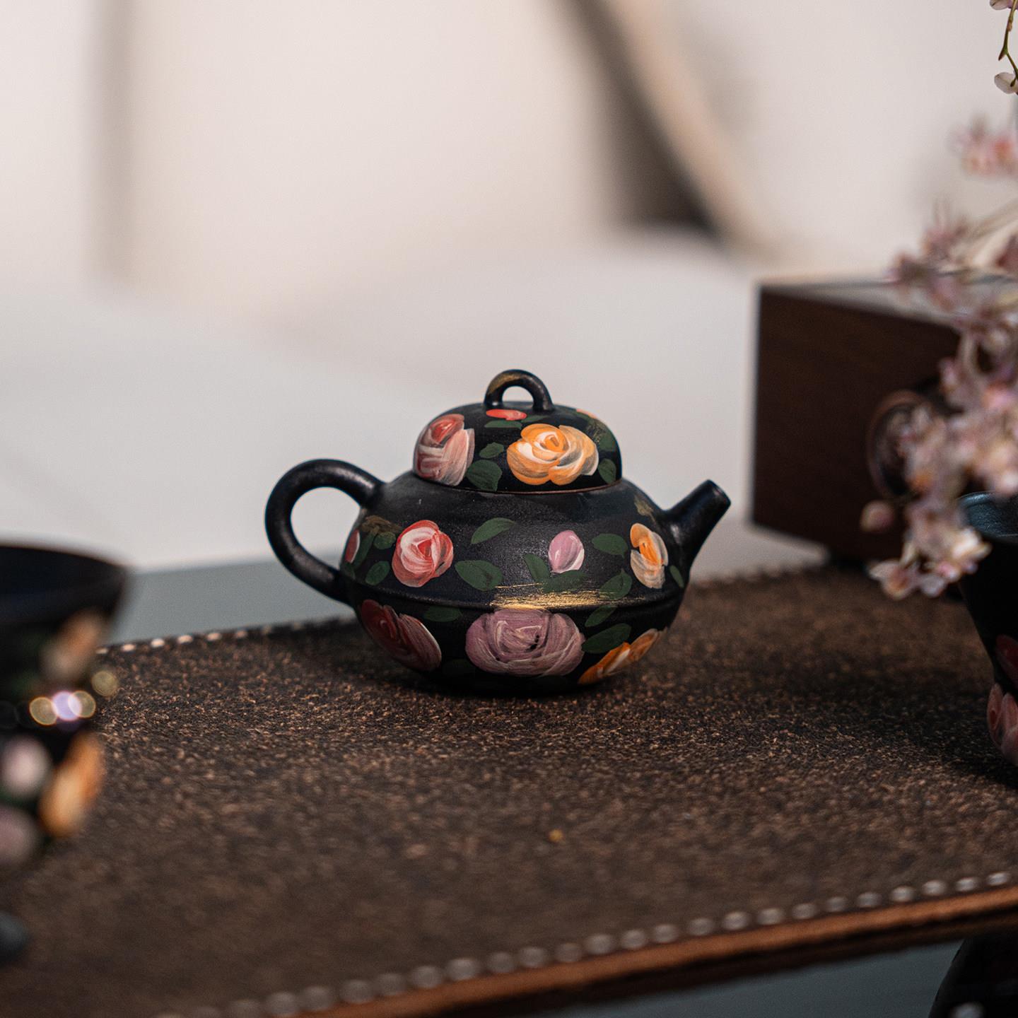 黑陶手绘描金玫瑰花水平壶中式复古典雅古典精致功夫茶壶茶具