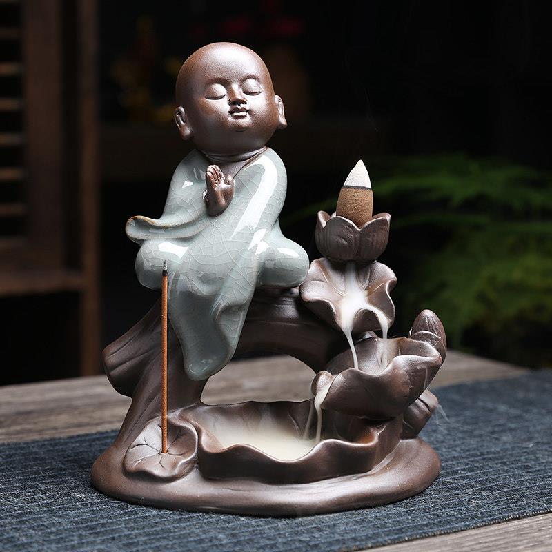 薰香倒流香炉陶瓷摆饰 招财如来创意线香插 复古哥窑和尚室内家用