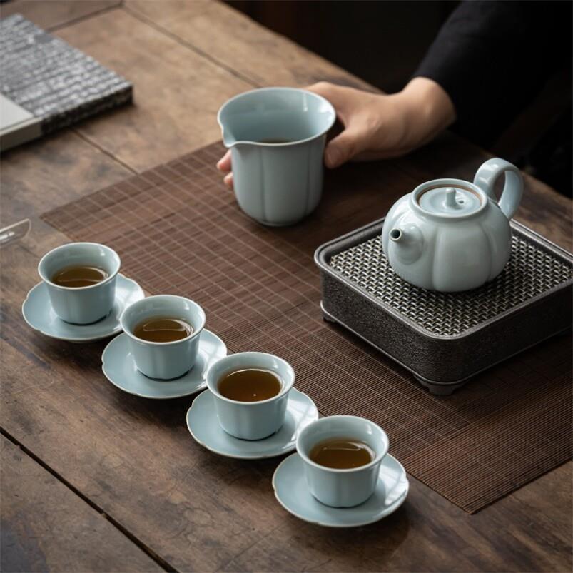 汝山明瓜棱端把壶茶器套组陶瓷茶具天青釉李可明汝窑汝瓷开片可养