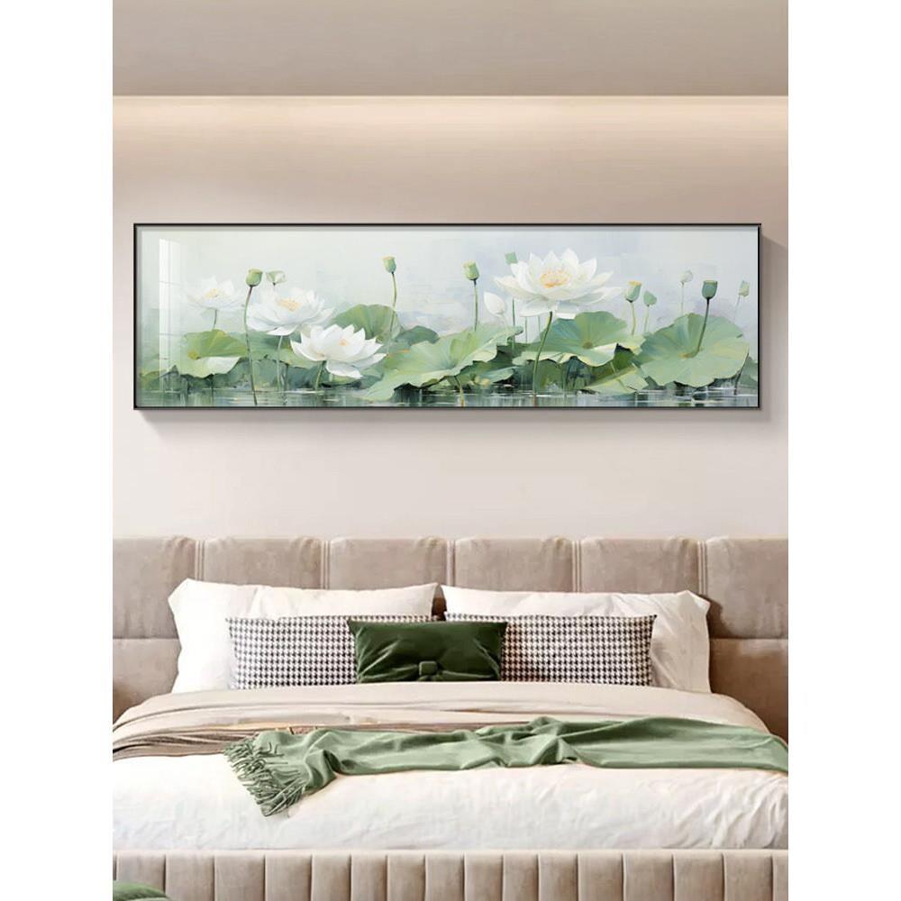 新中式荷花卧室床头装饰画横版莲花客厅壁画温馨主卧房间墙壁挂画