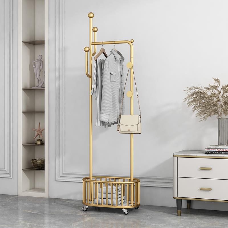 意式轻奢衣架卧室落地带轮可移动网红衣帽架带脏衣篓铁艺挂衣架子