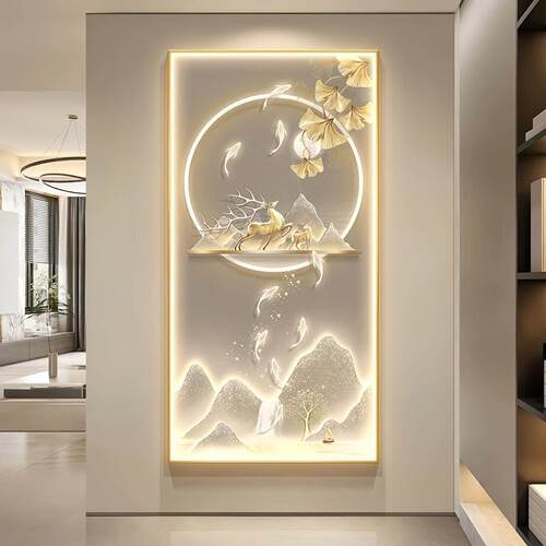 现代轻奢入户玄关装饰画麋鹿九鱼图大气过道壁画走廊尽头挂画灯画