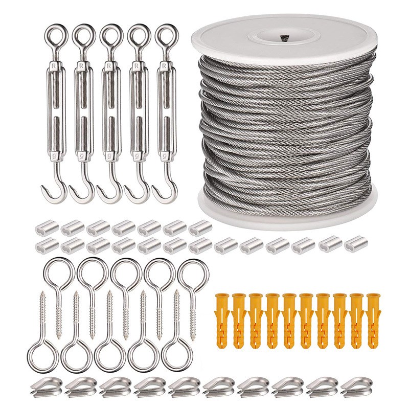 不锈钢包胶钢丝绳悬挂套件 户外串灯顶针挂O钩紧线器电缆栏杆套件