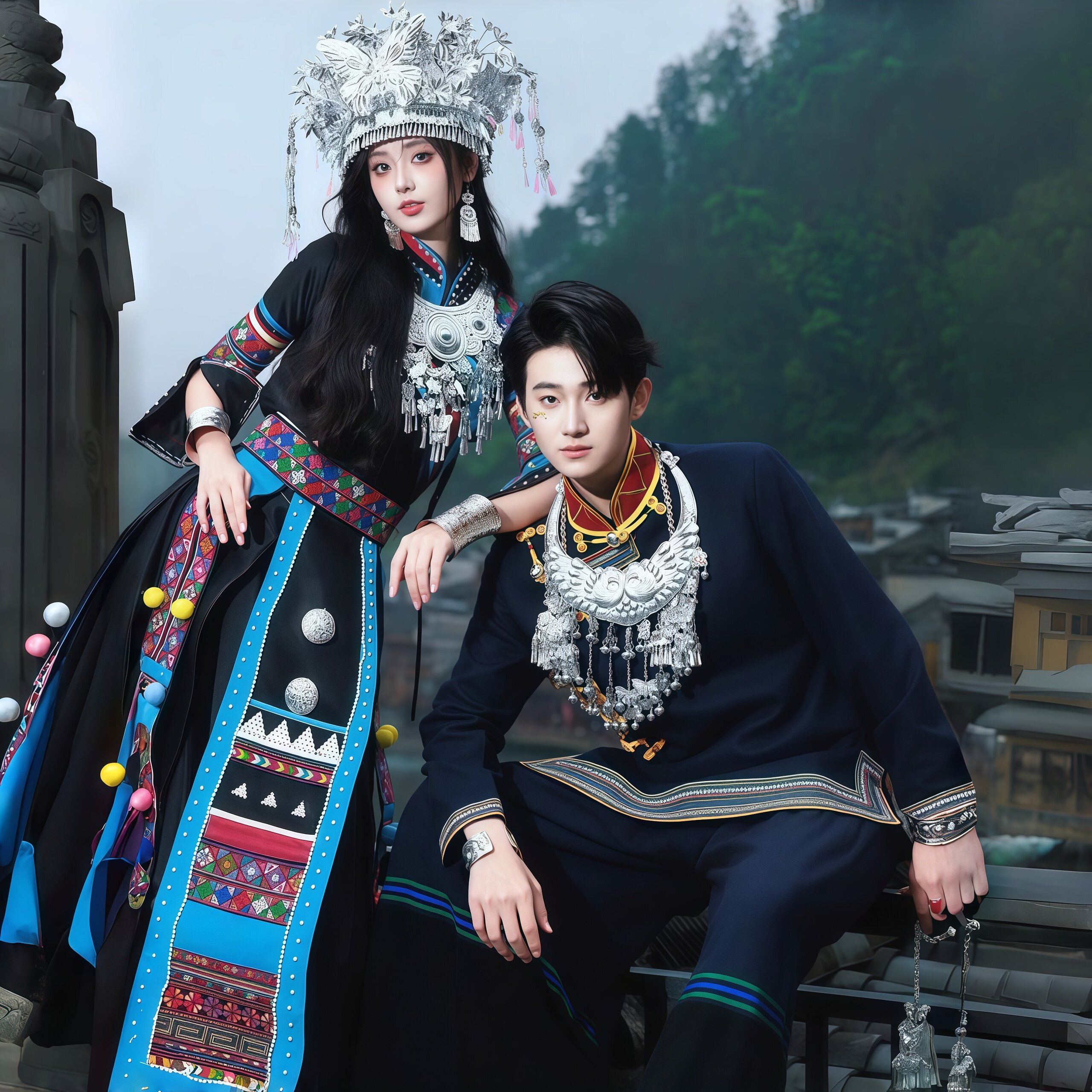 秋款苗族情侣套装少数民族服饰苗疆特色男女款土家族舞蹈演出服装