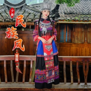 新款传统雅致撞色拼接苗族苗疆少女少数民族显瘦服饰演出服装套装
