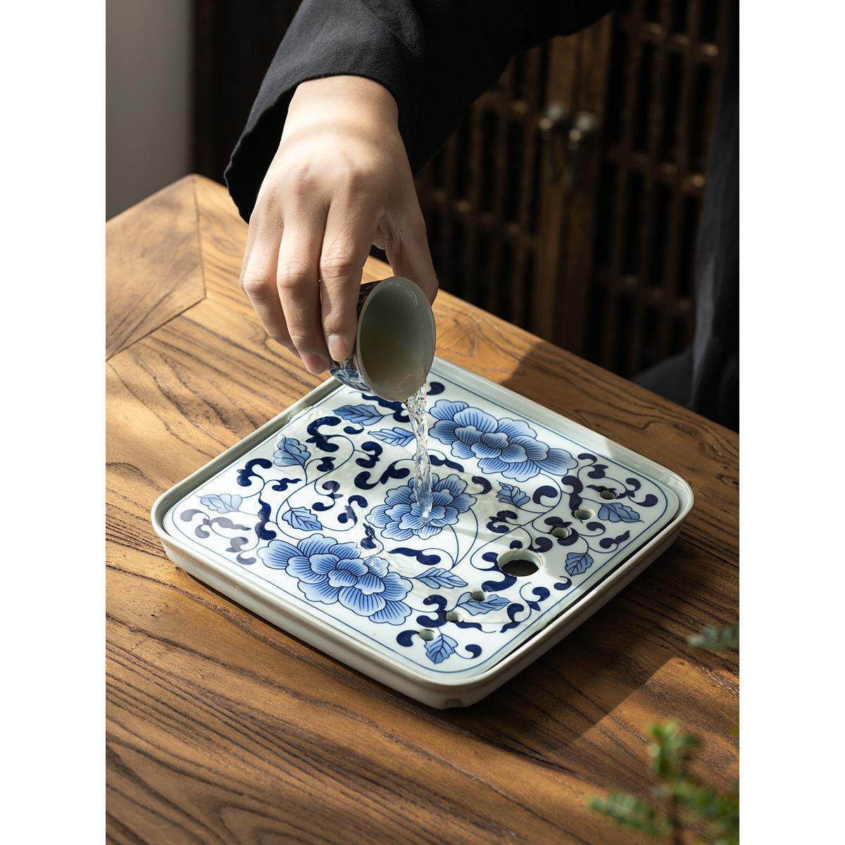青花陶瓷茶盘简约家用小型覆古方形储水双层干泡盘茶具茶台茶托盘