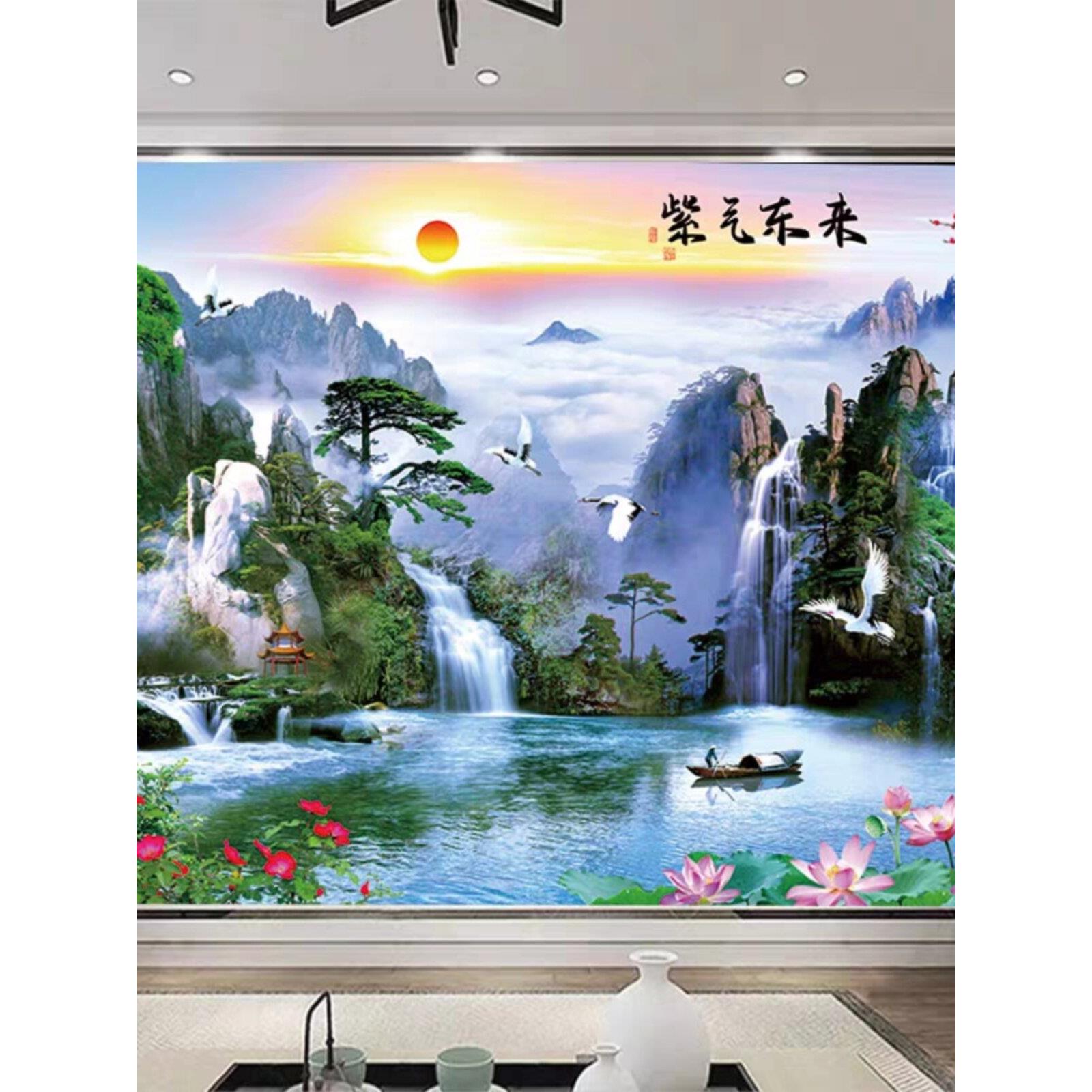 迎客松竹木纤维集成墙板山水画电视背景墙客厅沙发风景装饰护墙板