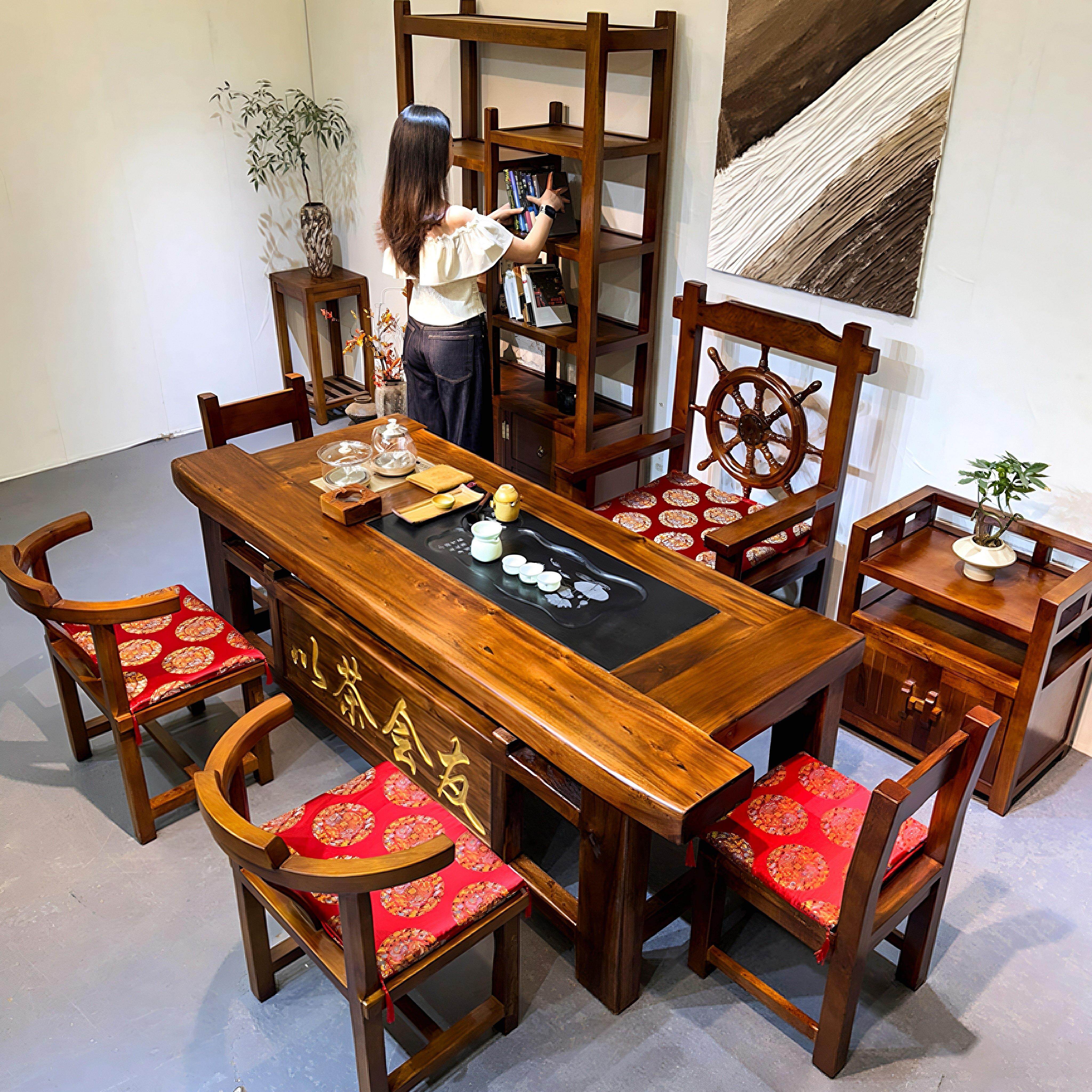 实木茶桌椅组合办公室高端泡茶台家用老船木茶几茶具套组桌子一体