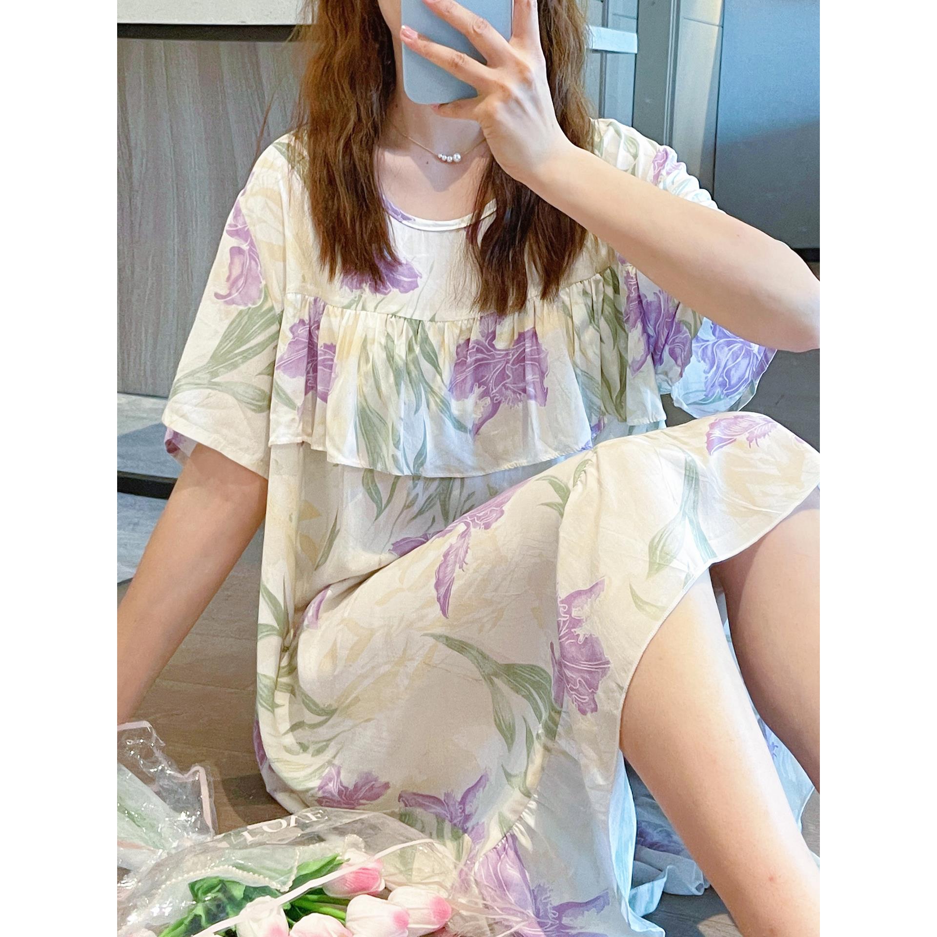 防撞棉真丝睡衣女式夏季短袖妈妈睡衣孕妇人造棉连衣裙薄大码娇小