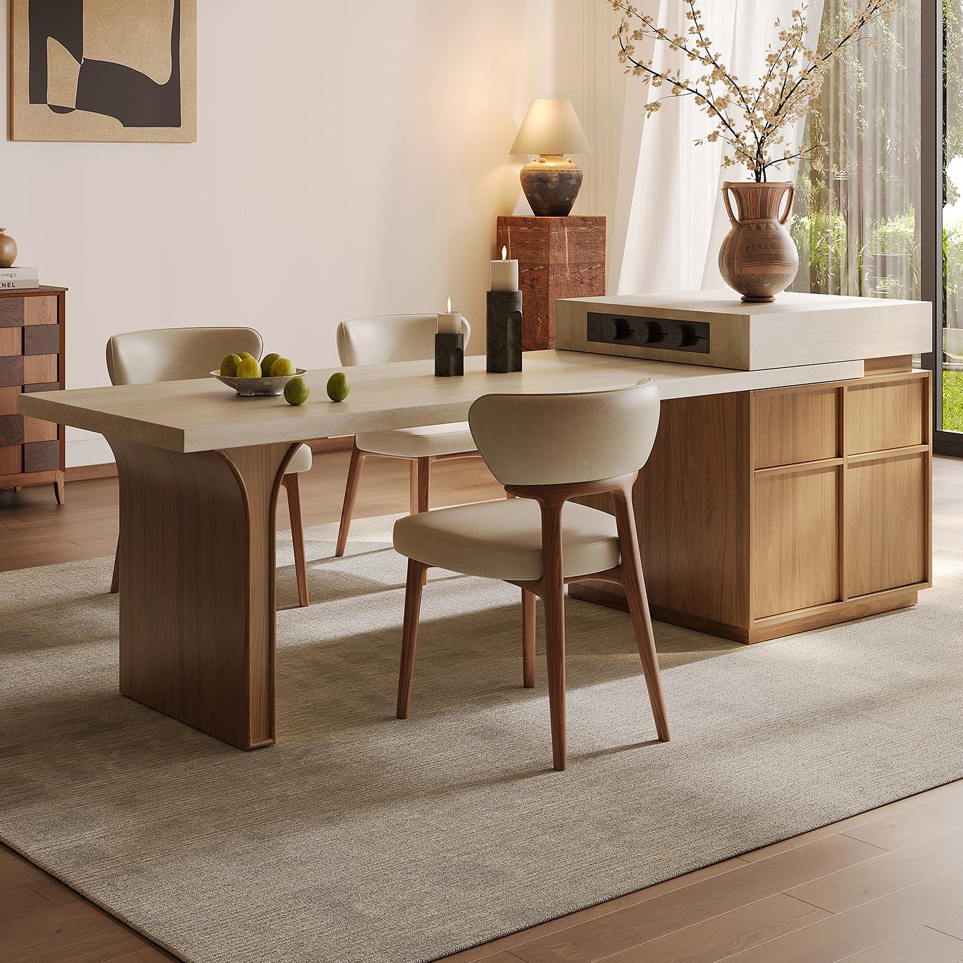 法式中古风洞石岩板岛台餐桌一体家用胡桃色可伸缩小户型高端岛台