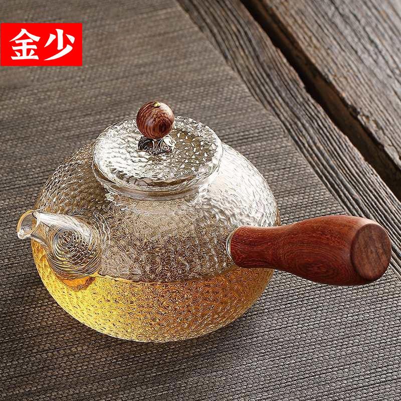 玻璃茶壶木柄锤纹侧把茶壶耐高温过滤家用泡茶壶套装黑晶炉煮茶壶