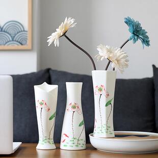 陶瓷花瓶手绘荷花供佛插花瓶白瓷家用卧室观音玉净瓶桌面水培摆件
