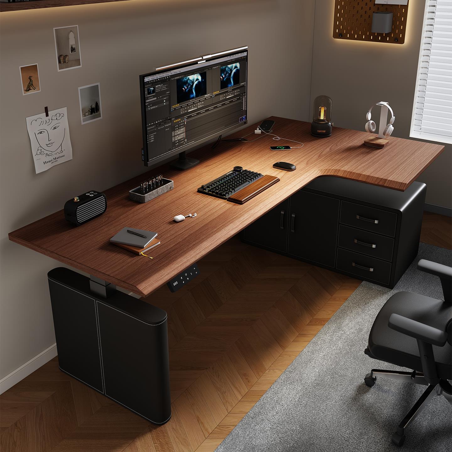 转角实木电动升降桌腿电脑桌台式办公室桌带储物柜书房家具书桌子