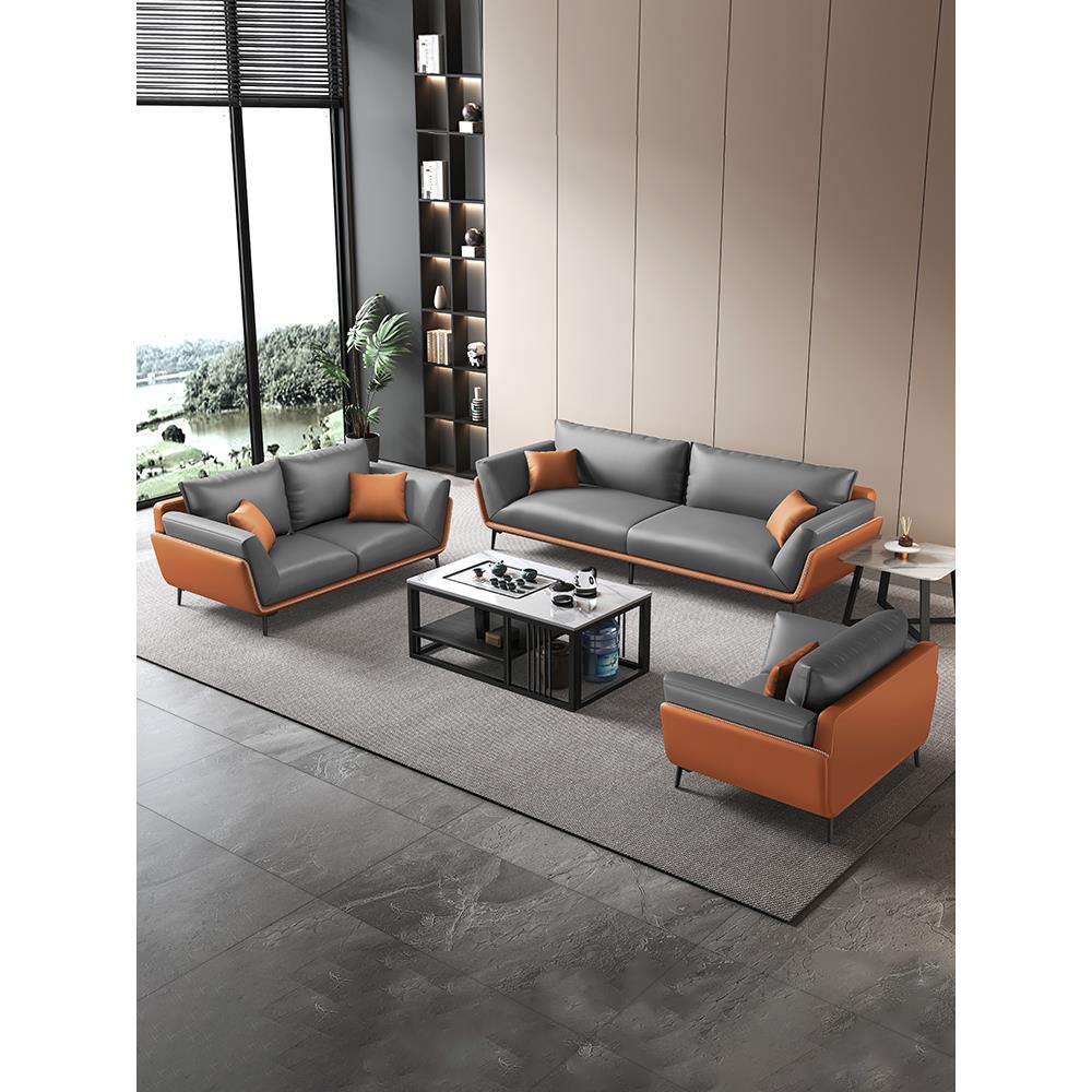 办公室沙发简约商务接待会客洽谈休息区三人真皮办公沙发茶几组合