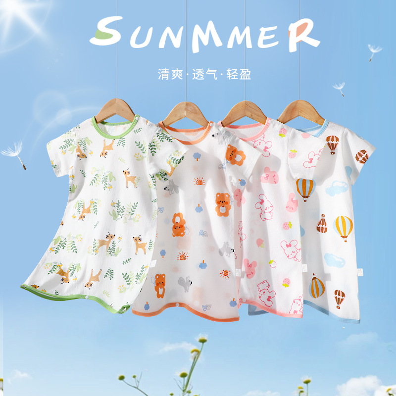 婴儿短袖睡衣夏季薄款宝宝防踢纯棉睡袍儿童防着凉睡裙家居服连体