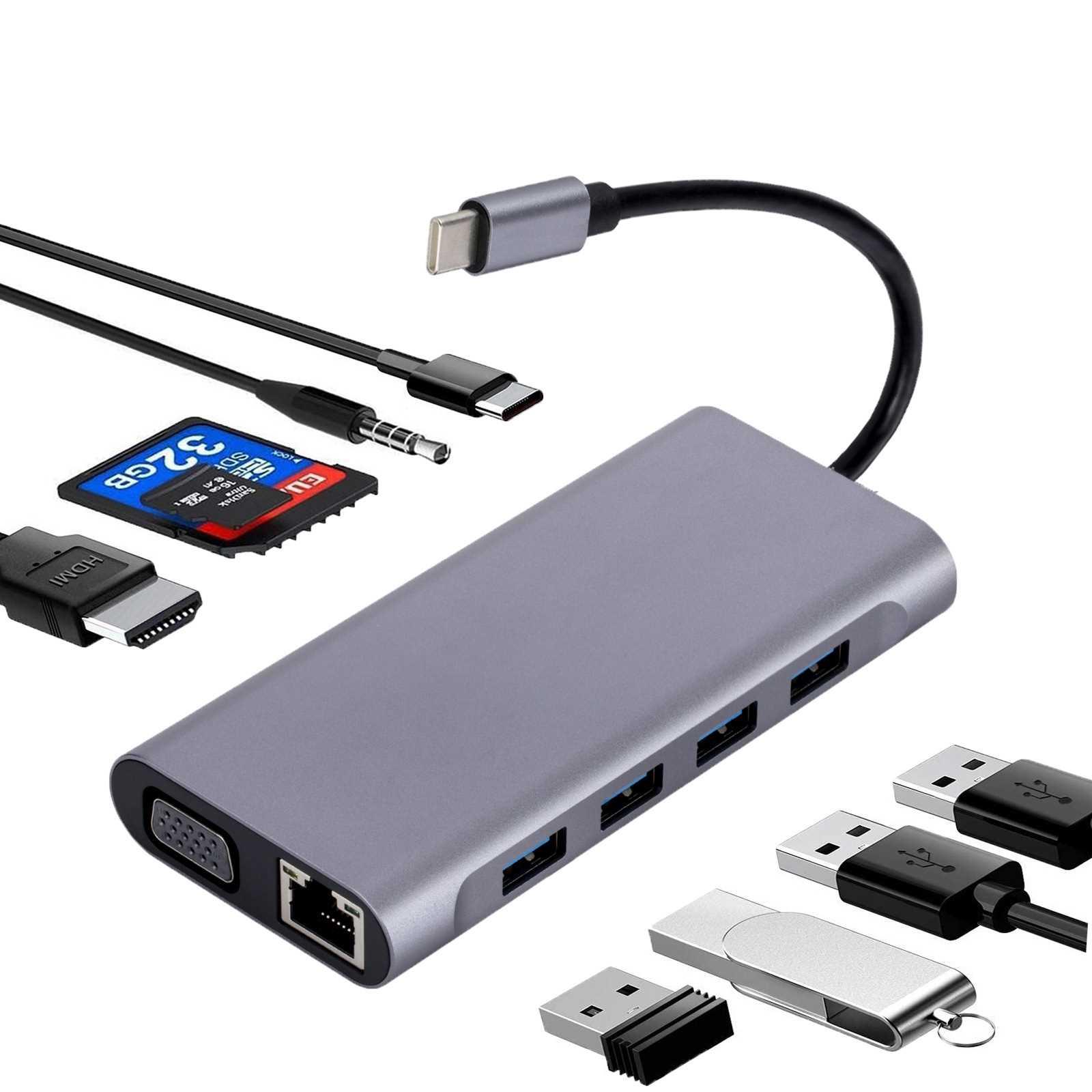 type-c扩展坞USBC转HDMI+VGA+PD rj45百兆11合一扩展器hub集线器
