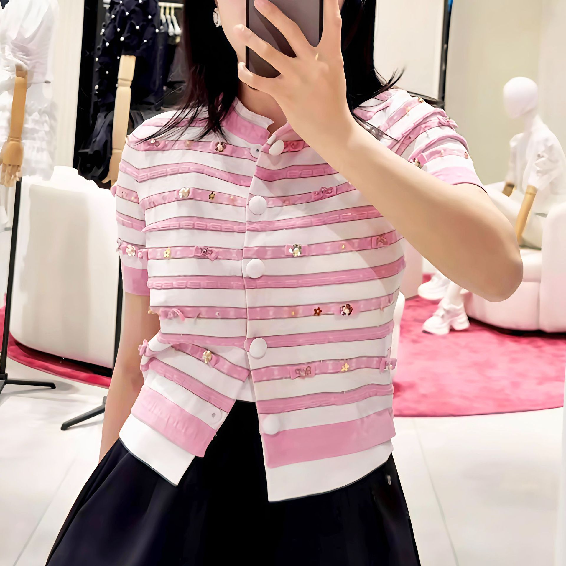 maSande2026夏季新款甜美清新蝴蝶结花朵装饰温柔减龄短袖针织开