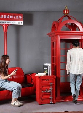 复古电话亭摆件创意邮筒模型铁艺信箱酒吧咖啡厅装饰品橱窗道具
