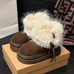 启布熊费尔岛毛毛雪地靴女冬季百搭增高厚底加绒保暖短靴子棉鞋