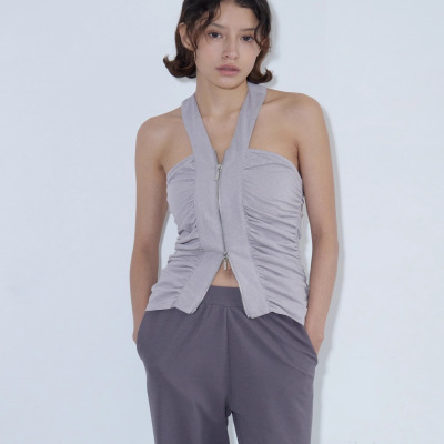 棉感混纺拉链抽褶修身挂脖背心