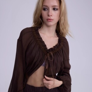 SHAKEITSHAKE春夏深咖色肌理褶皱棉绑带休闲开衫复古天丝防晒上衣