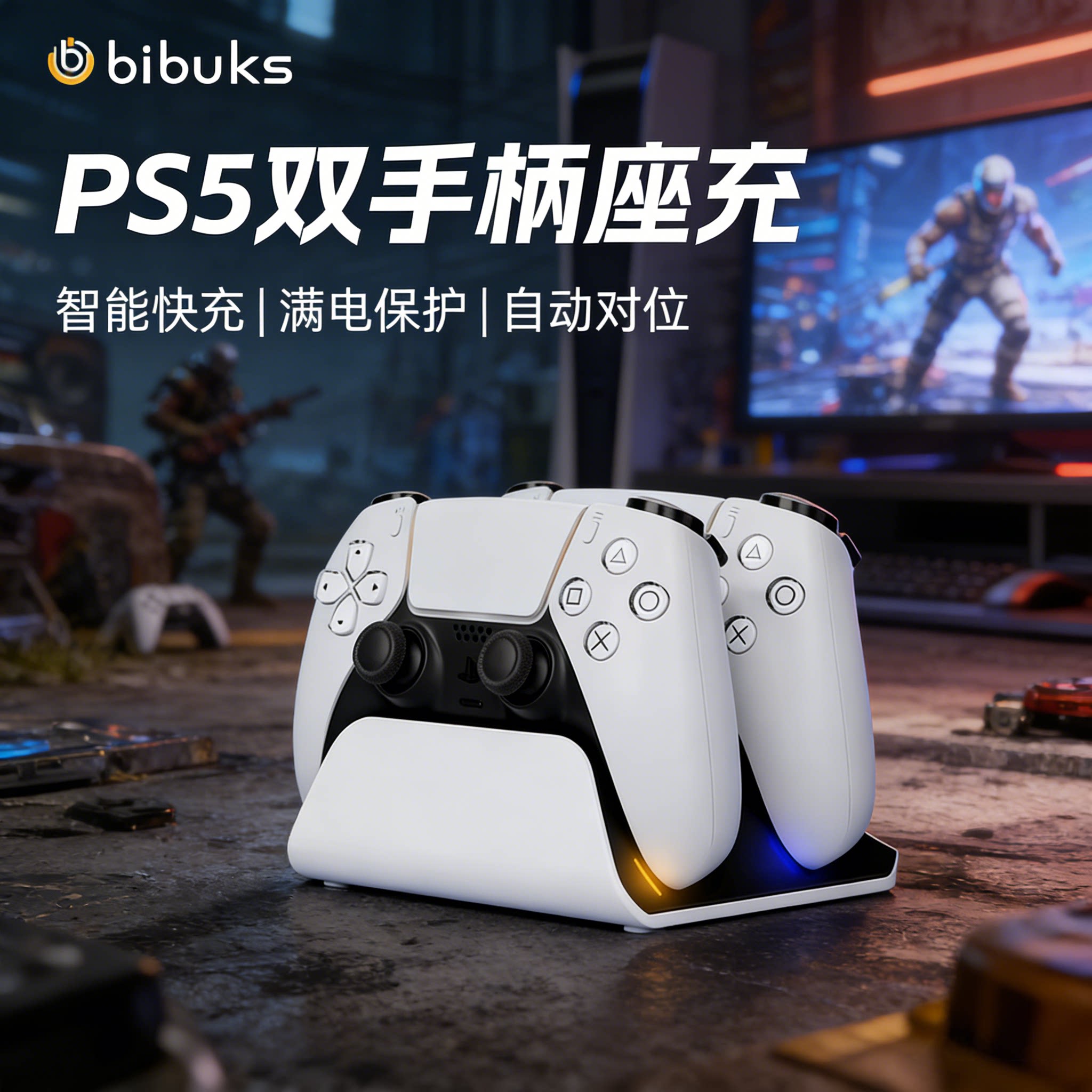 bibuks适用于索尼PS5手柄充电底座自动对位双智能快充座手柄无线充电过充防护芯片双快充ps5游戏手柄充电套装