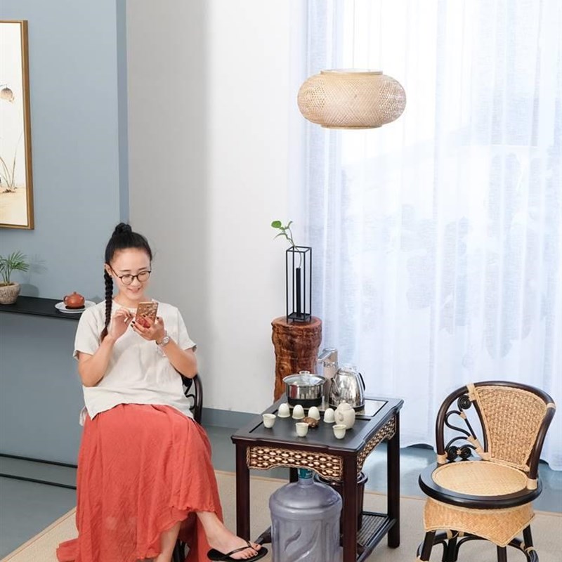 新品新中式阳台茶桌椅组合家用小茶台实木小户型藤编茶几烧水壶全