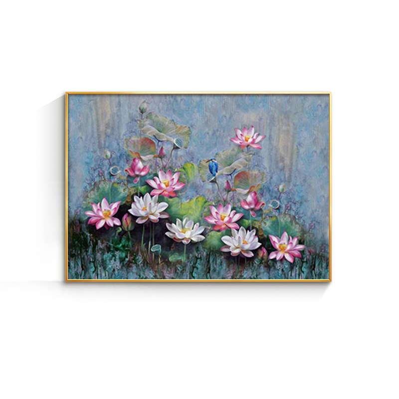 欧式风格餐厅装饰画高档大气厨房壁画饭厅墙面挂画荷花图手绘油画图片