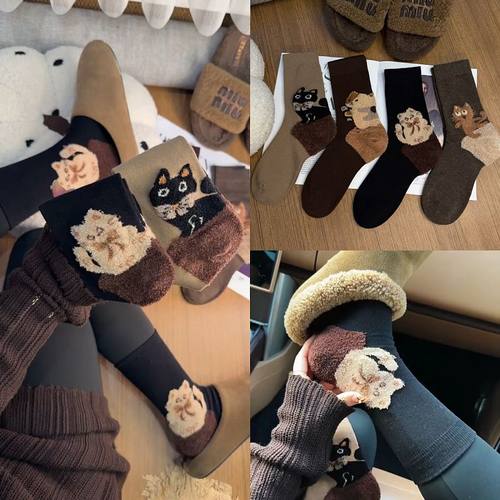 秋冬可爱哥特毛毛猫咪中筒袜