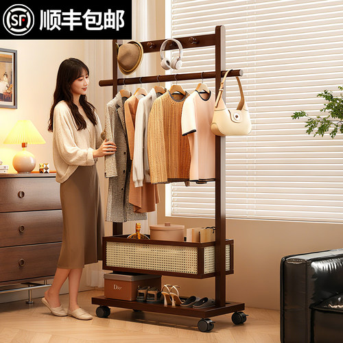 衣帽架落地卧室家用挂衣架脏衣篓一体可移动开放式衣服收纳置物架
