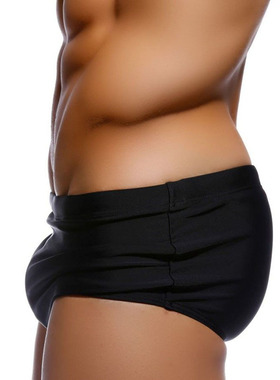 包邮 男士锦纶黑色带罩杯平角泳裤 立体U凸沙滩宽松大码四角泳裤