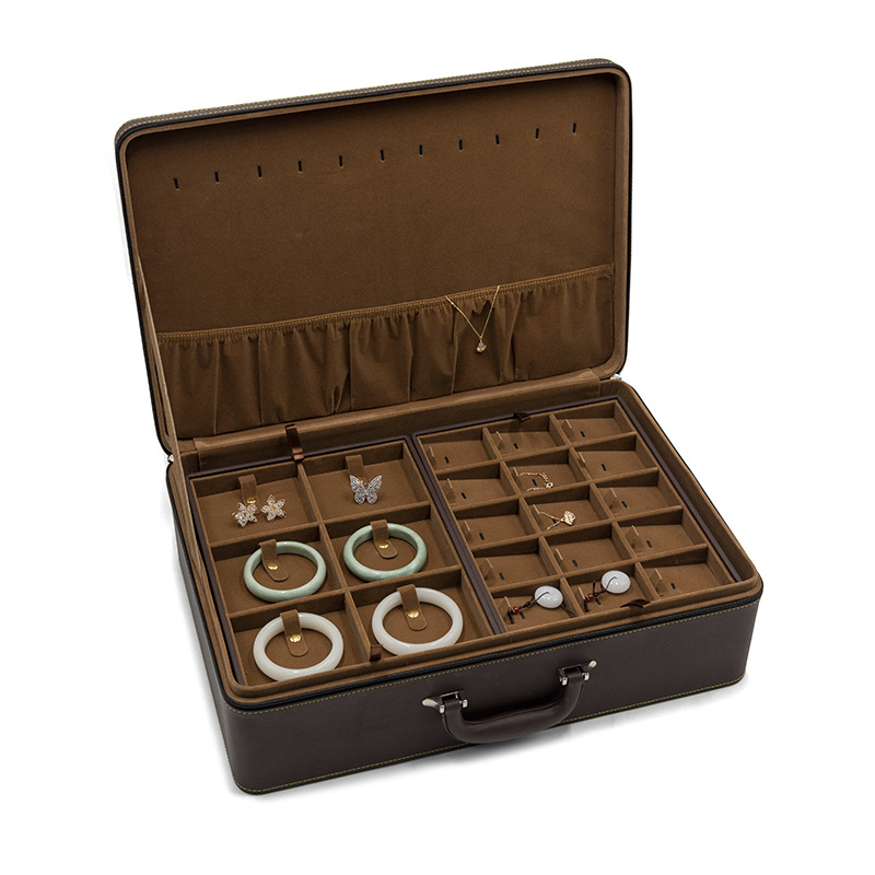 皮首饰珠宝收纳箱戒指项链手镯多层托盘手提箱吊坠展示展会带货盒