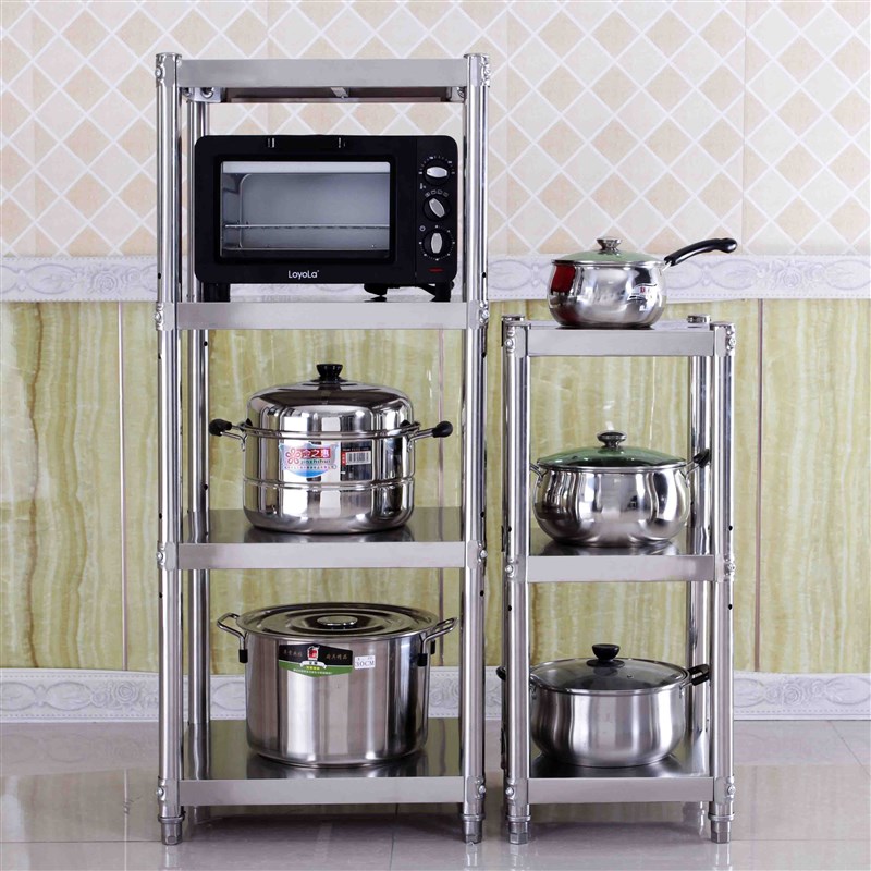 不锈钢厨房正方形置物架微波炉收纳架多功能储物架5层锅盆架菜架