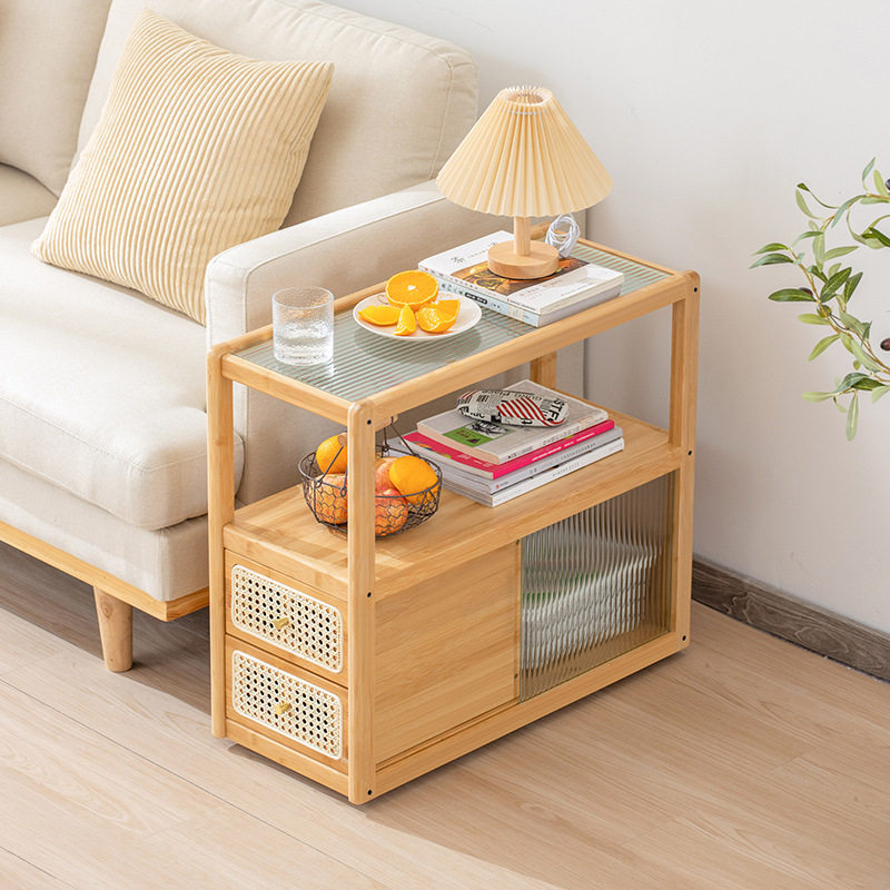 客厅玻璃沙发边柜可移动沙发茶几边柜日式藤编茶水柜极窄侧边角柜