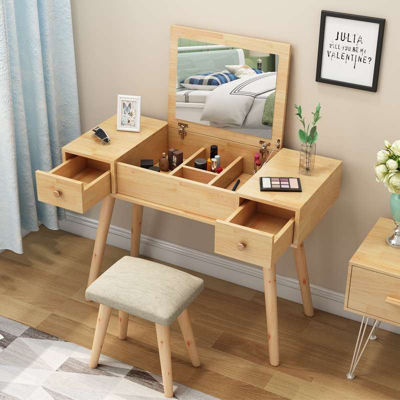北欧小户型实木梳妆台翻盖化妆镜多功能化妆台简约时尚迷你化妆桌