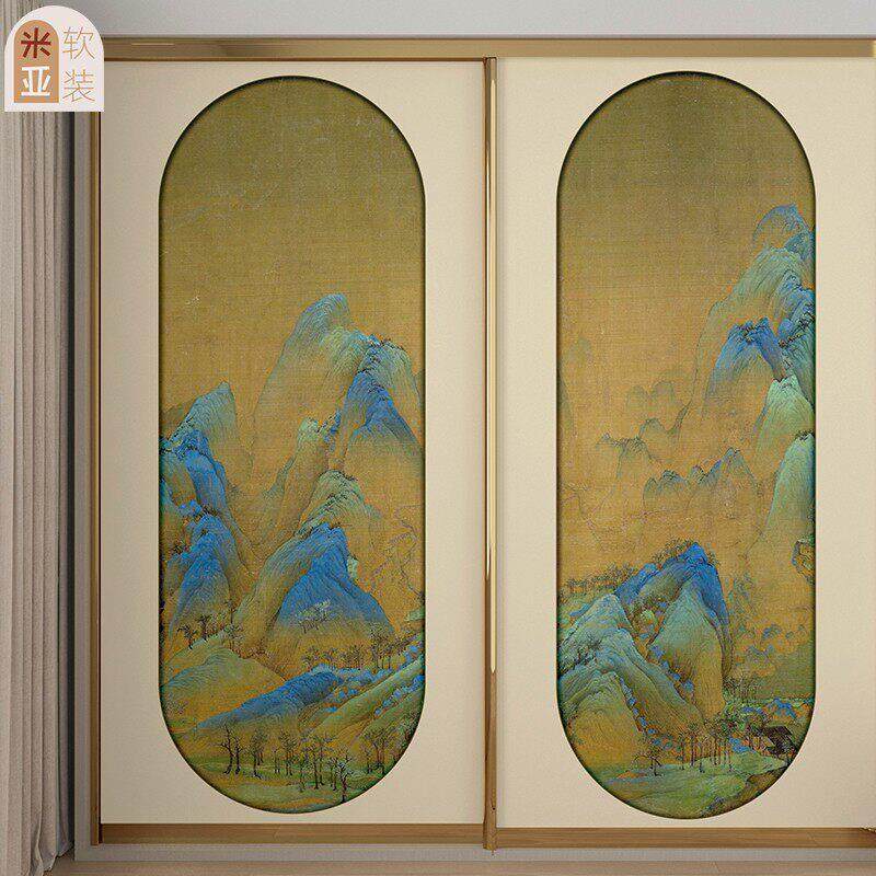 中式千里江山图茶室古画 画房门衣柜门装饰改造自黏贴纸山水墙壁
