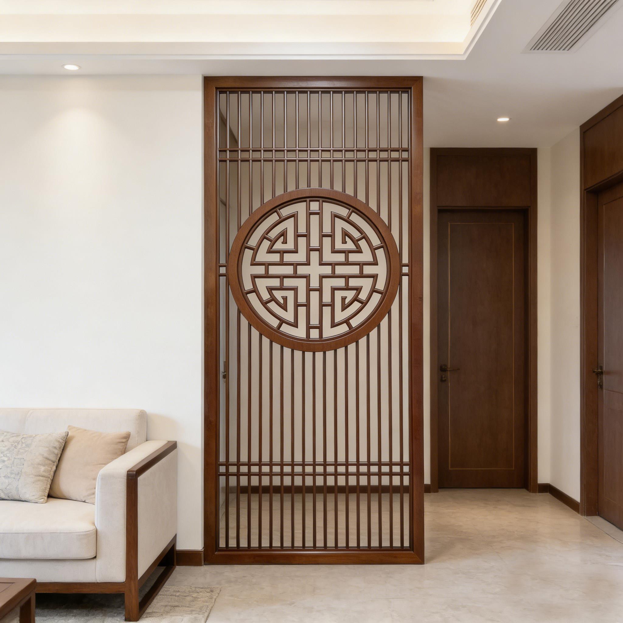 成都工厂~新中式实木屏风入户客厅玄关鞋柜隔断墙镂空白蜡木格栅