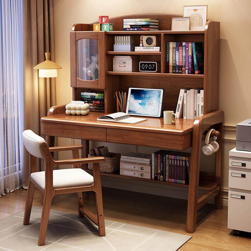 儿童实木书桌书柜一体学生家用升降学习桌书架组合卧室书桌椅子