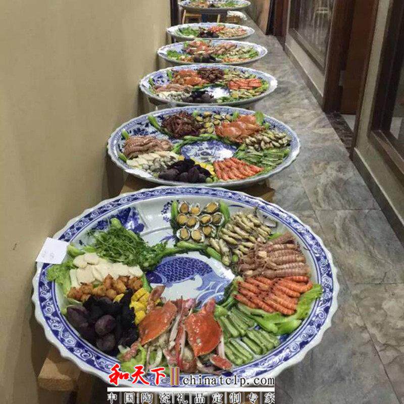 景德镇青花手绘海鲜龙虾大咖盘子陶瓷大号鱼盘餐具盘子大圆盘定制