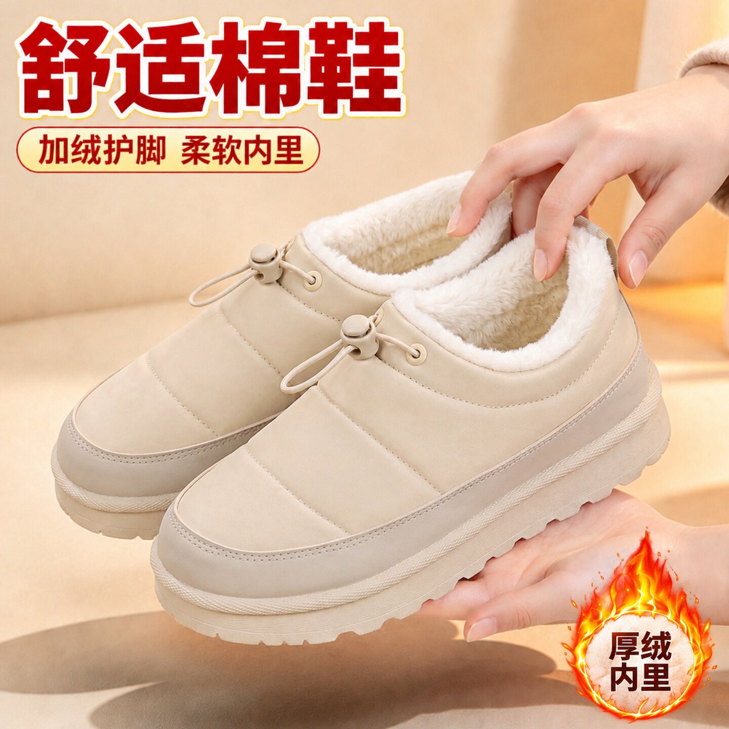 老北京布鞋女冬季加绒加厚保暖一脚蹬防水防滑软底中老年妈妈棉鞋