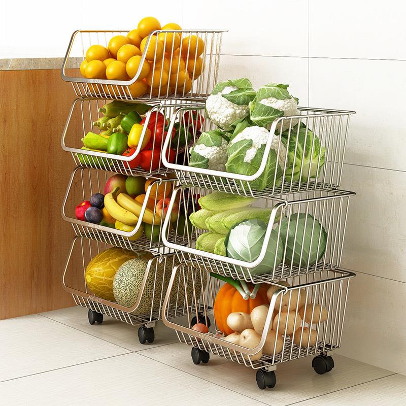 厨房置物架落地多层可移动水果蔬菜玩具锅架收纳筐不锈钢手推车篮