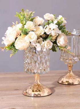 轻奢水晶玻璃装饰花瓶金属家用玻璃插花器糖果罐化妆高脚杯