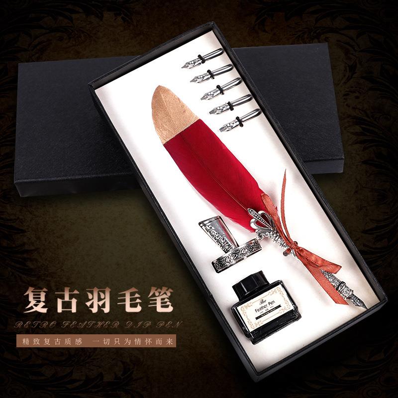 复古羽毛钢笔套装斜口笔插墨水雕刻套装羽毛笔欧式复古书法蘸水笔
