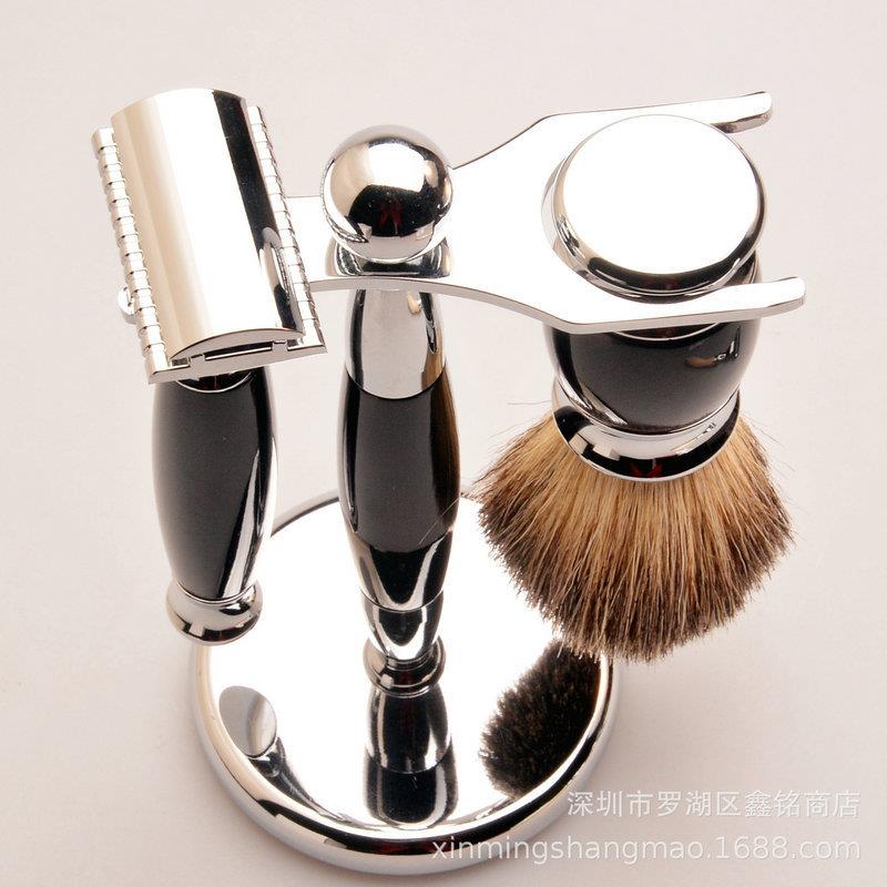 厂家供应 獾毛泡沫胡须刷套装手动剃须刀套装剃须套装金属支架