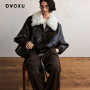 短款 立领可拆卸夹棉毛领皮衣夹克 皮革外套 复古黑咖 DAOXU倒序