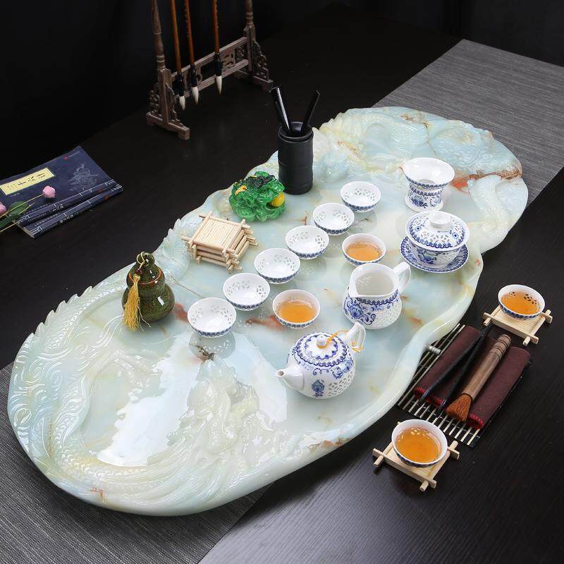大号玉石茶盘双龙戏珠大理石茶台套装办公室轻奢现代创意中式石材