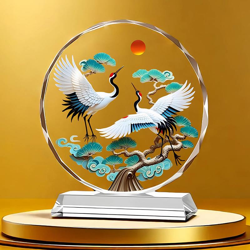 松鹤延年水晶摆饰福寿安康桌面客厅玄关乔迁开 业吉祥如意装饰摆